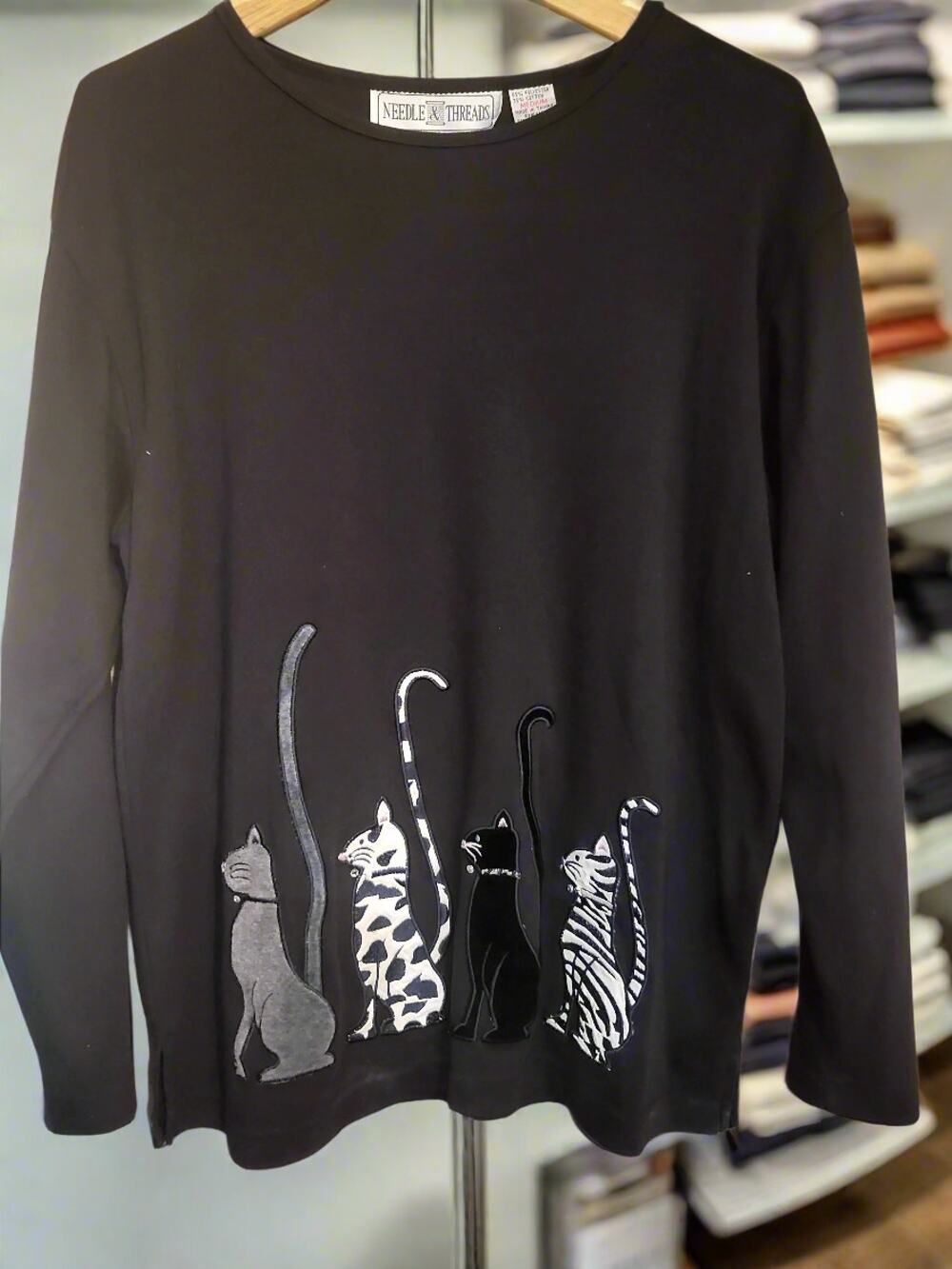 Vintage 1990's Needle & Threads Black Medium Long Sweatshirt 4 Embroidered Cats